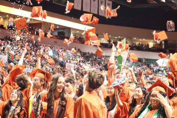 After moving their tassels to the left side of their cap, graduates gleefully throw their caps into the air. This final gesture symbolized the seniors' release from an arduous but meaningful high school journey. 